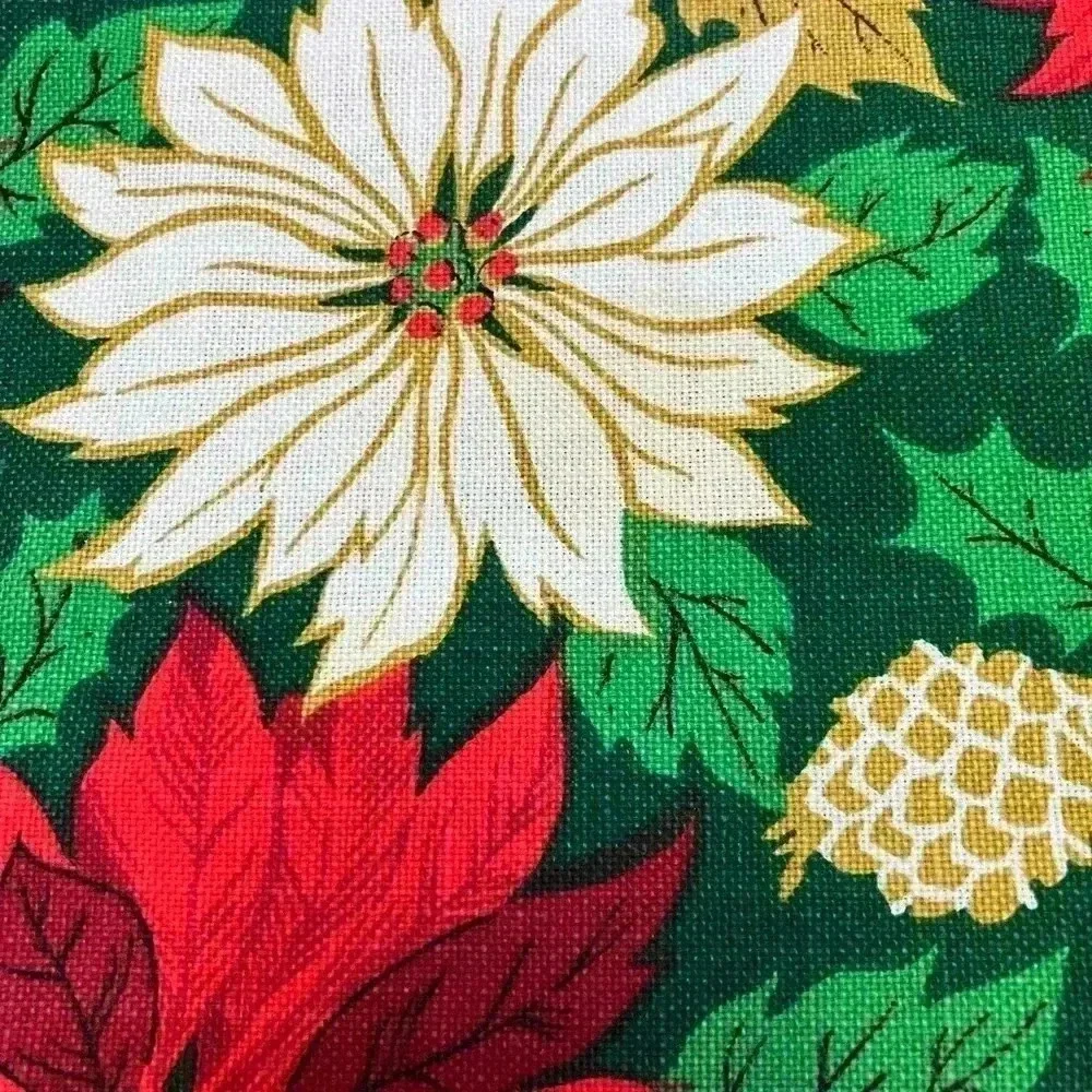 VTG Christmas Tablecloth Poinsettias Holiday Pinecone Red Green Gold 77in x 55in